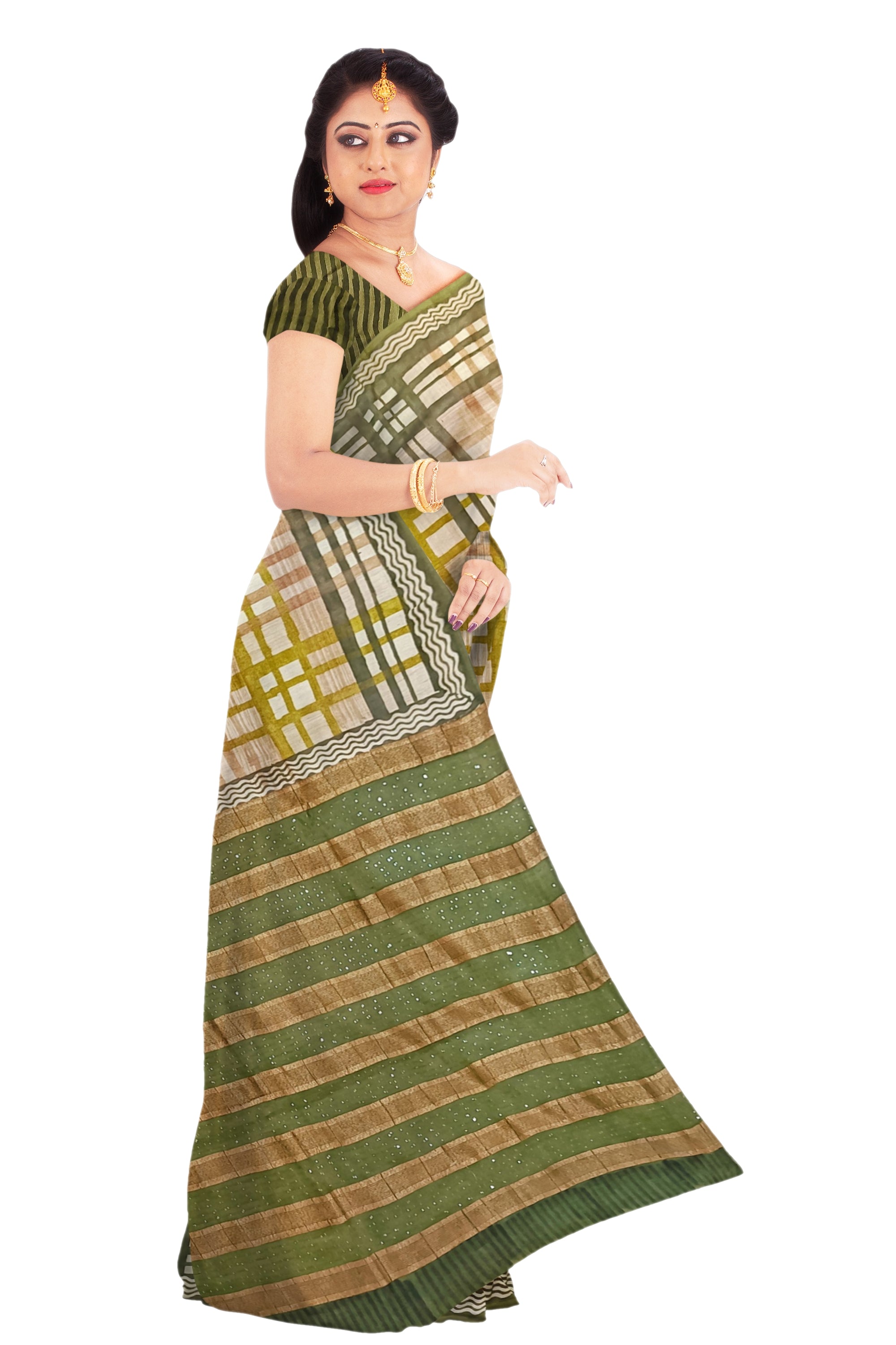 Olive Green Checkered Moonga silk Saree