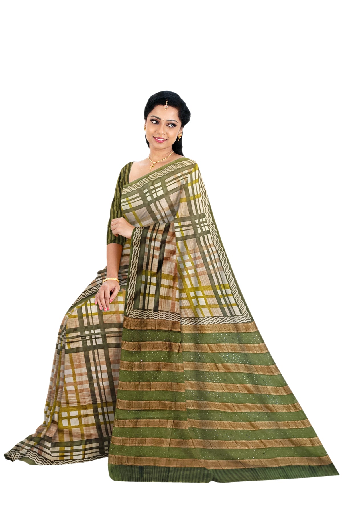 Olive Green Checkered Moonga silk Saree