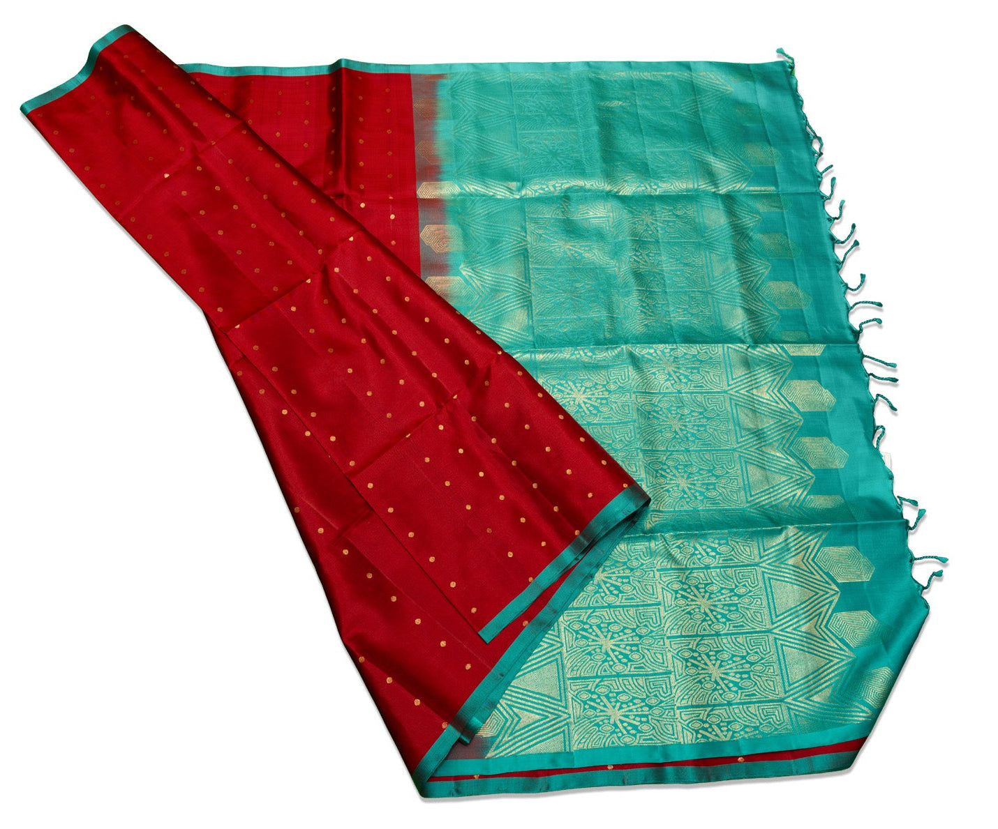 Cherry Red Soft Silk Saree with Teal Blue Pallu and Border