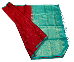 Cherry Red Soft Silk Saree with Teal Blue Pallu and Border