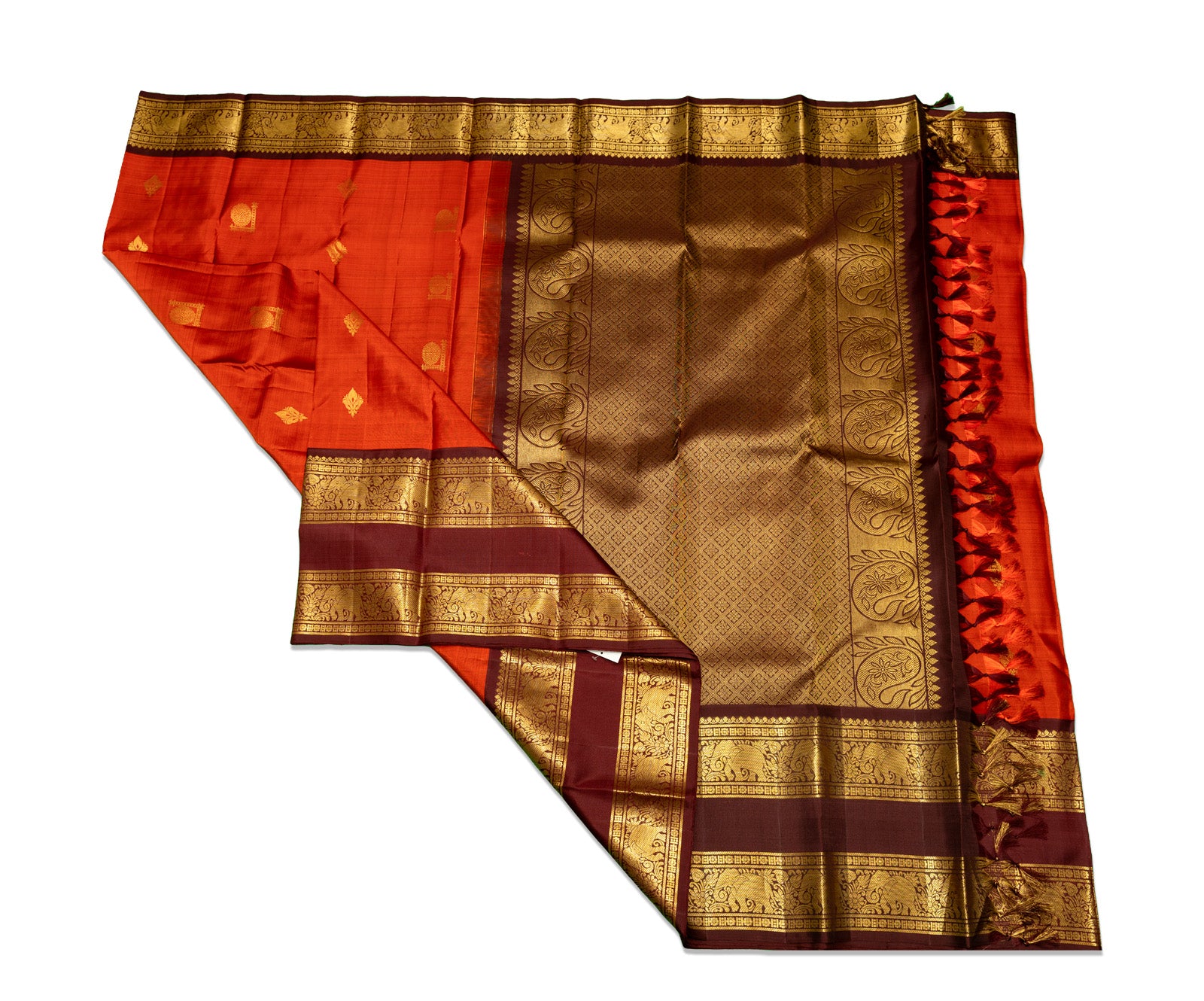 Deep Orange Kanjivaram Saree with wine color border with Elephant Motif