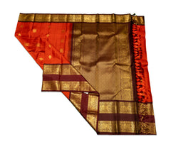 Deep Orange Kanjivaram Saree with wine color border with Elephant Motif