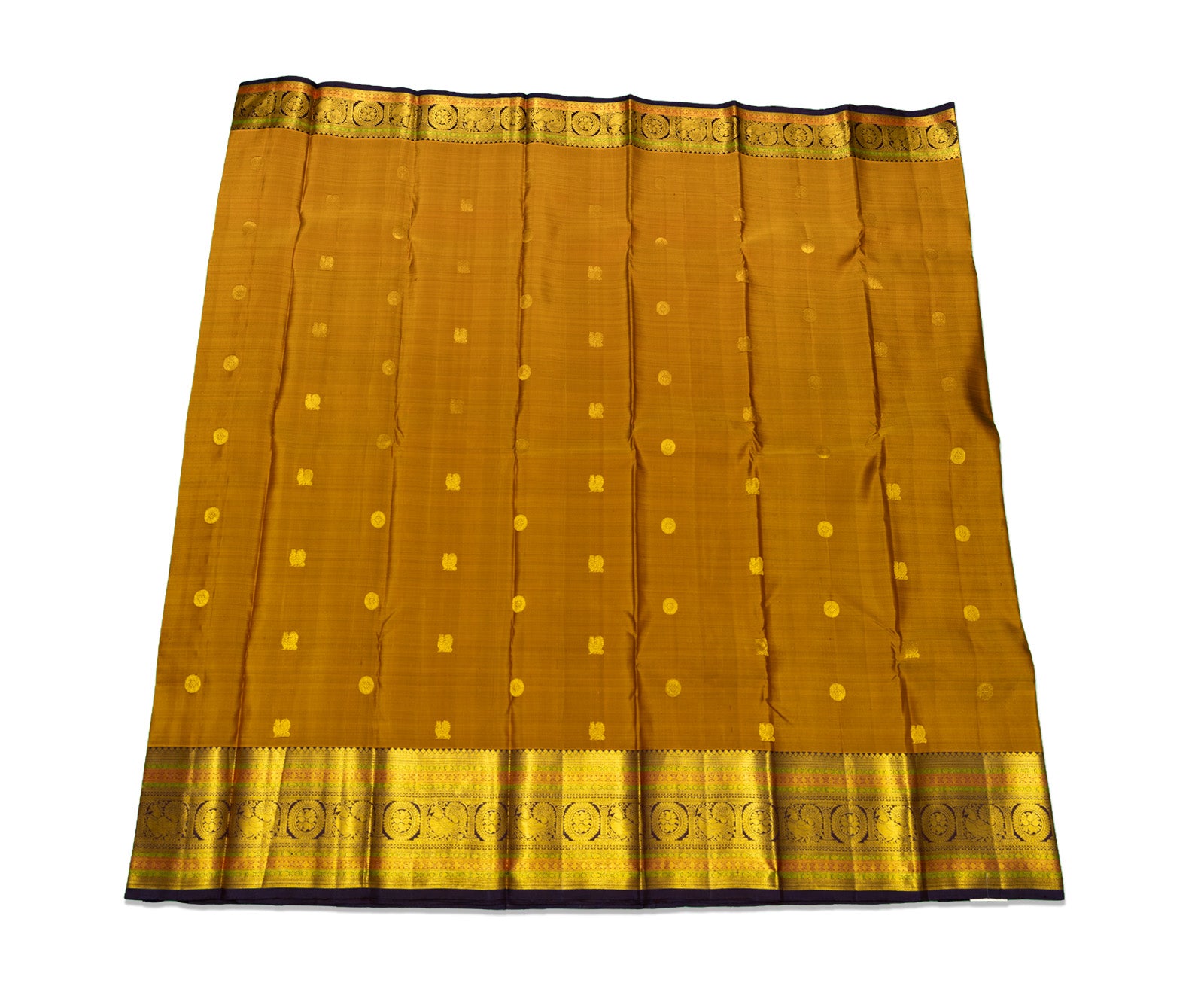 Mustard Kanjivaram Saree with Dark Violet Pallu & Peacock Border