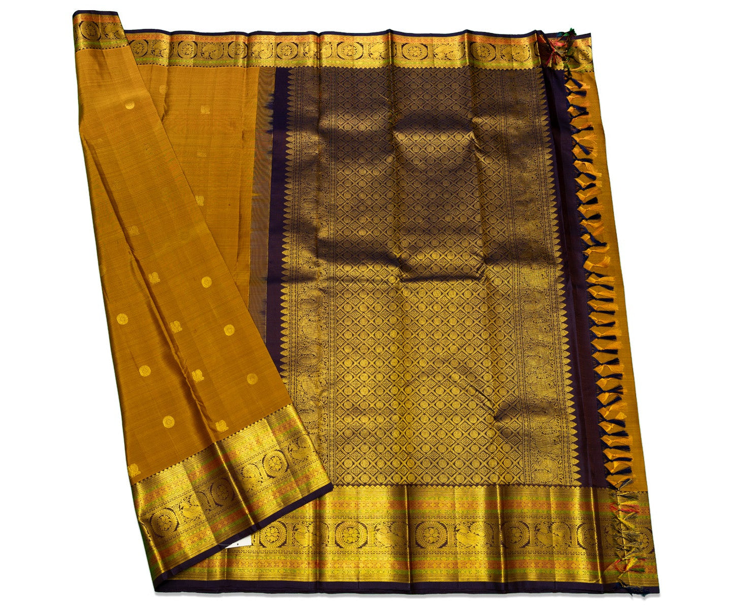 Mustard Kanjivaram Saree with Dark Violet Pallu & Peacock Border