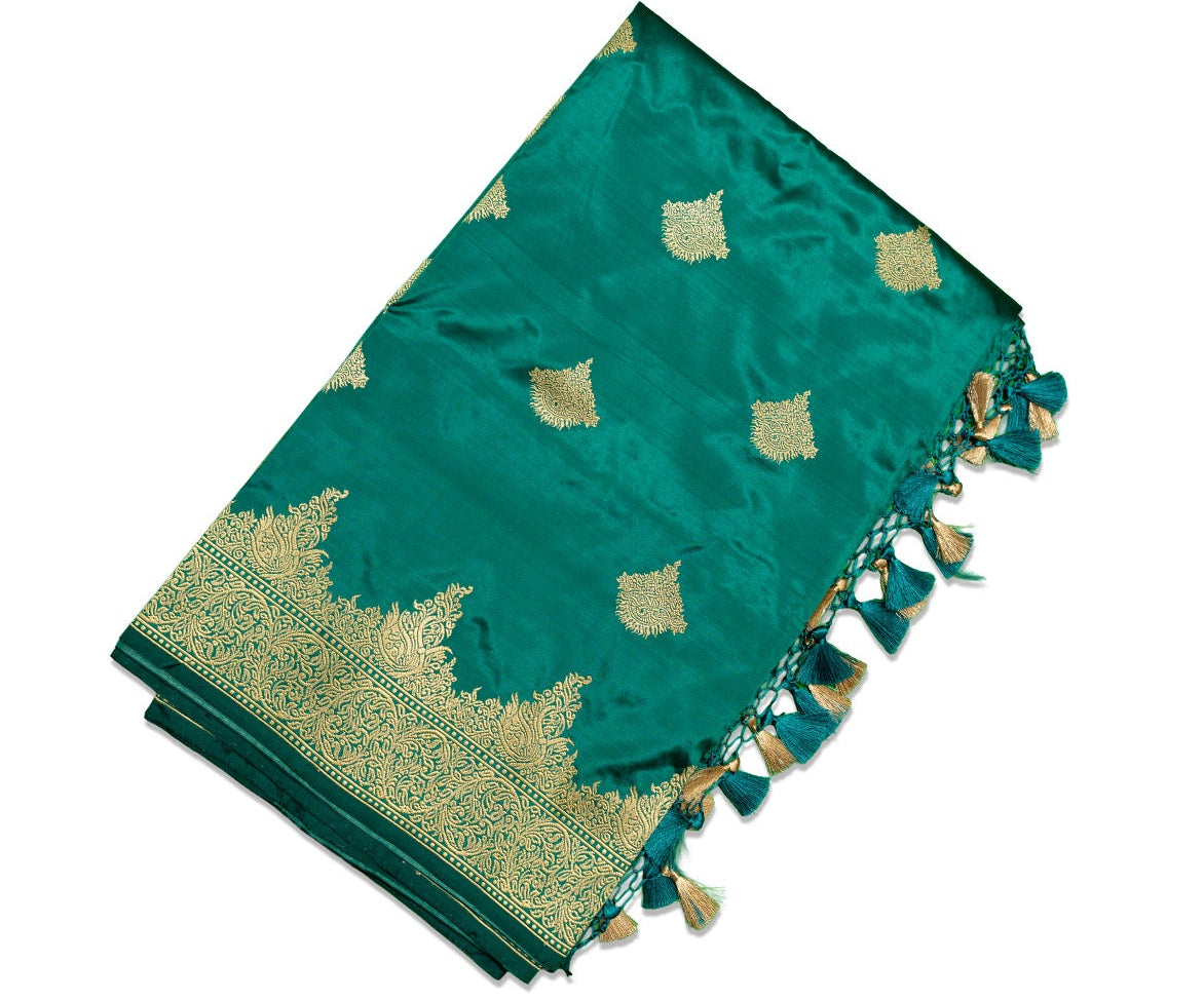 Teal color Banaras Katan Saree