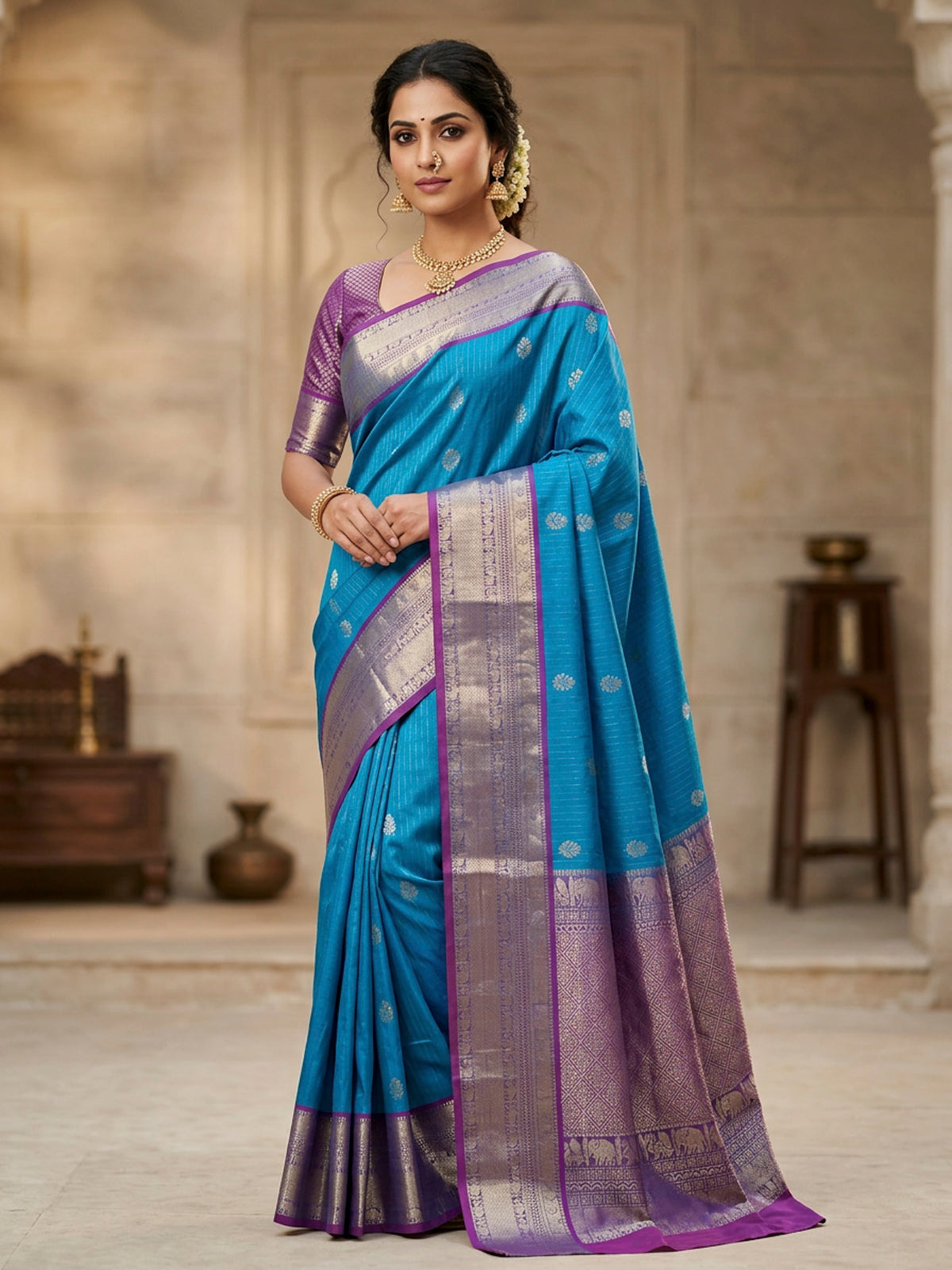 Peacock blue Kanjivaram Saree with magenta Border