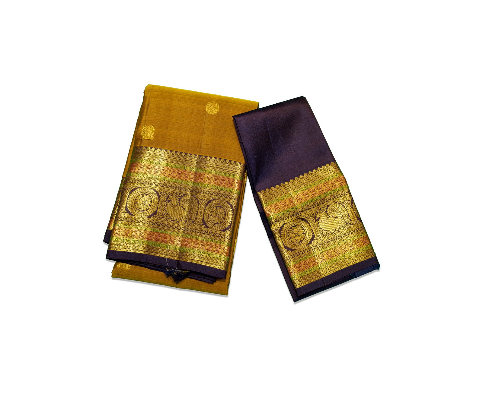 Mustard Kanjivaram Saree with Dark Violet Pallu & Peacock Border