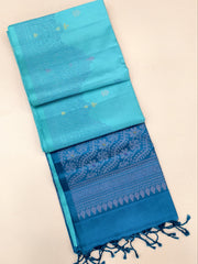 Aqua Soft Silk Saree with peacock blue pallu