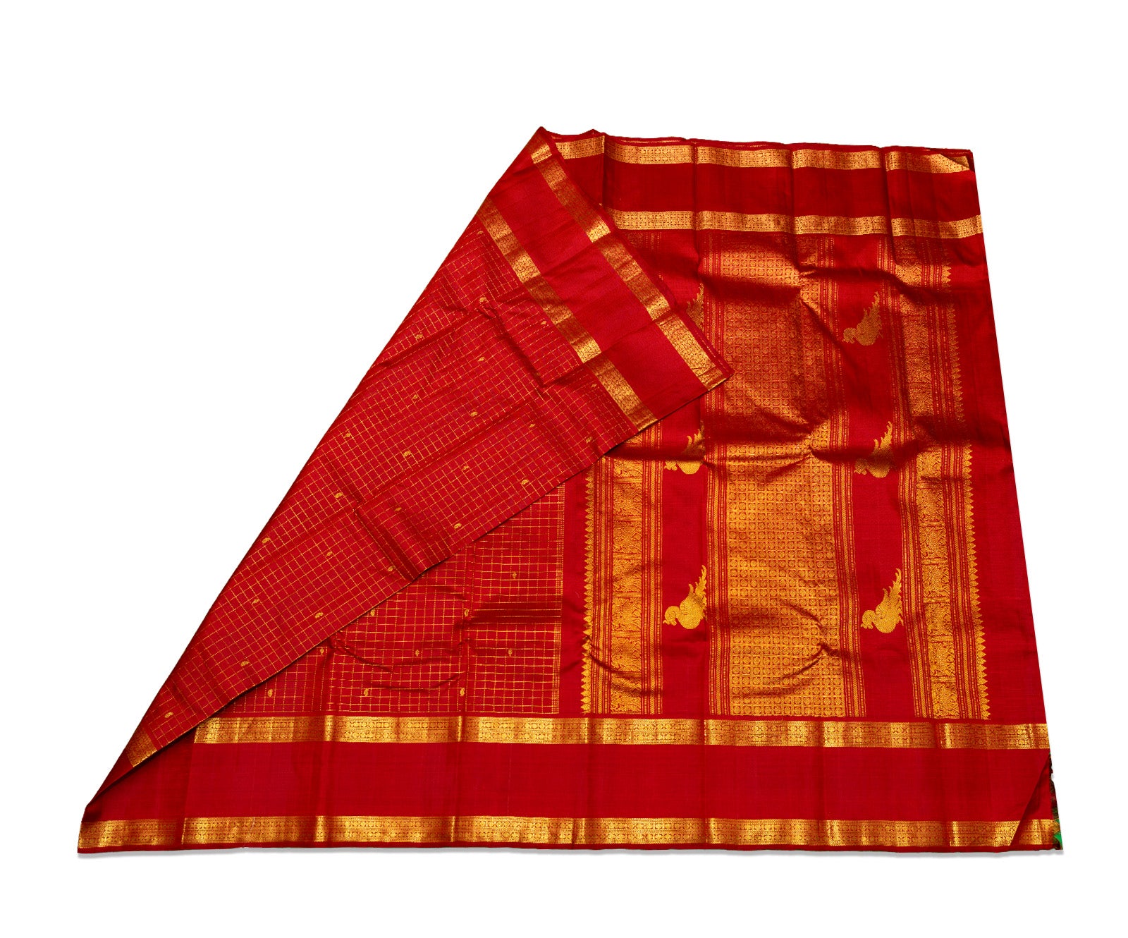 Maroon Checked Kanjivaram Saree with Peacock Pallu