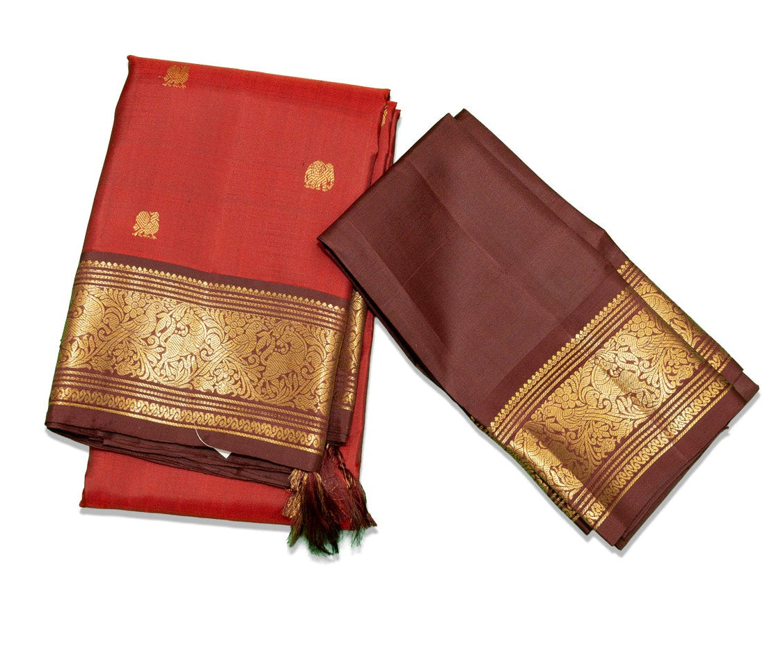 Reddish Brown Kanjivaram Saree with Coffee Border