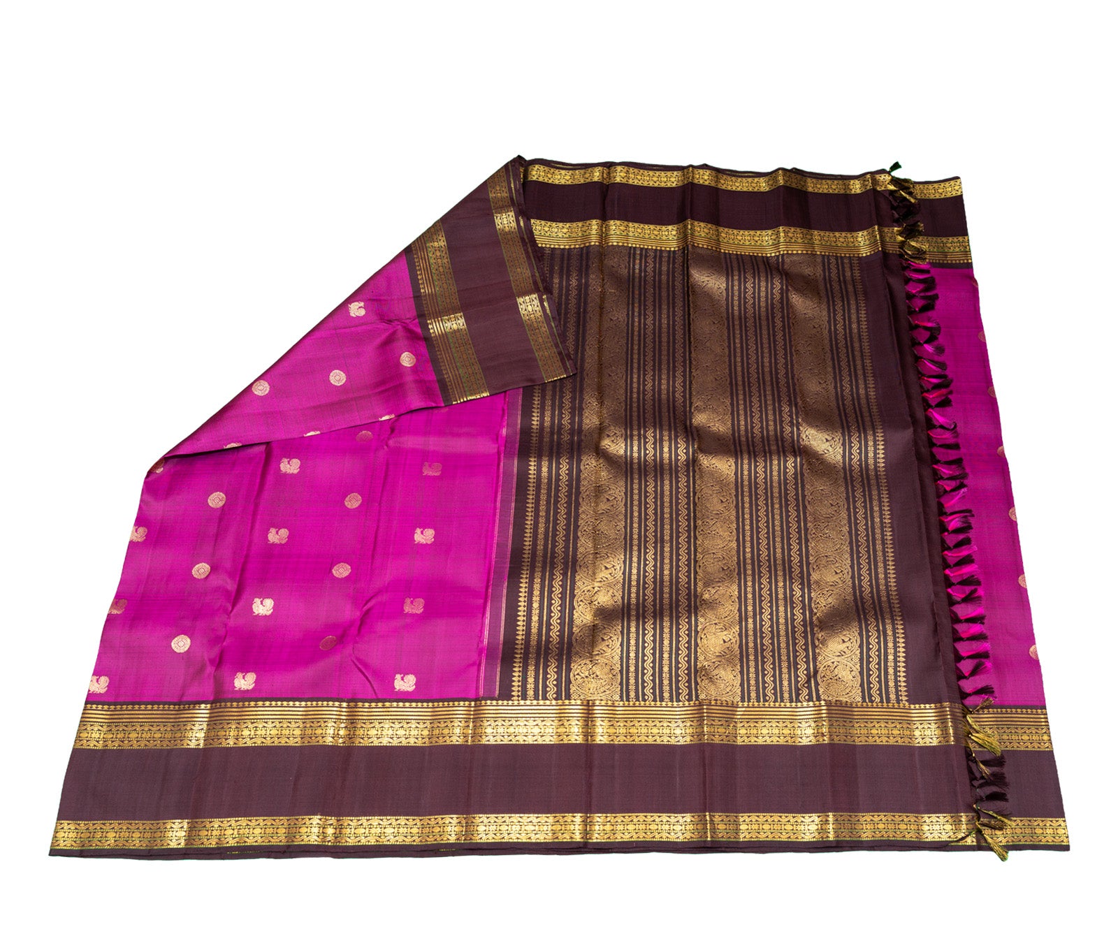 Magenta color Kanjivaram Saree with coffee brown Pallu and Border