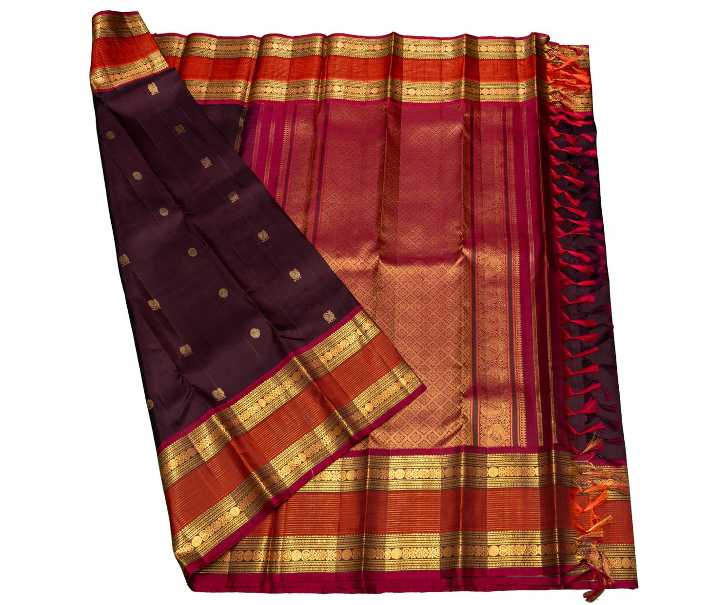 Brown Kanjivaram Saree with Rusty Orange Pallu and Border