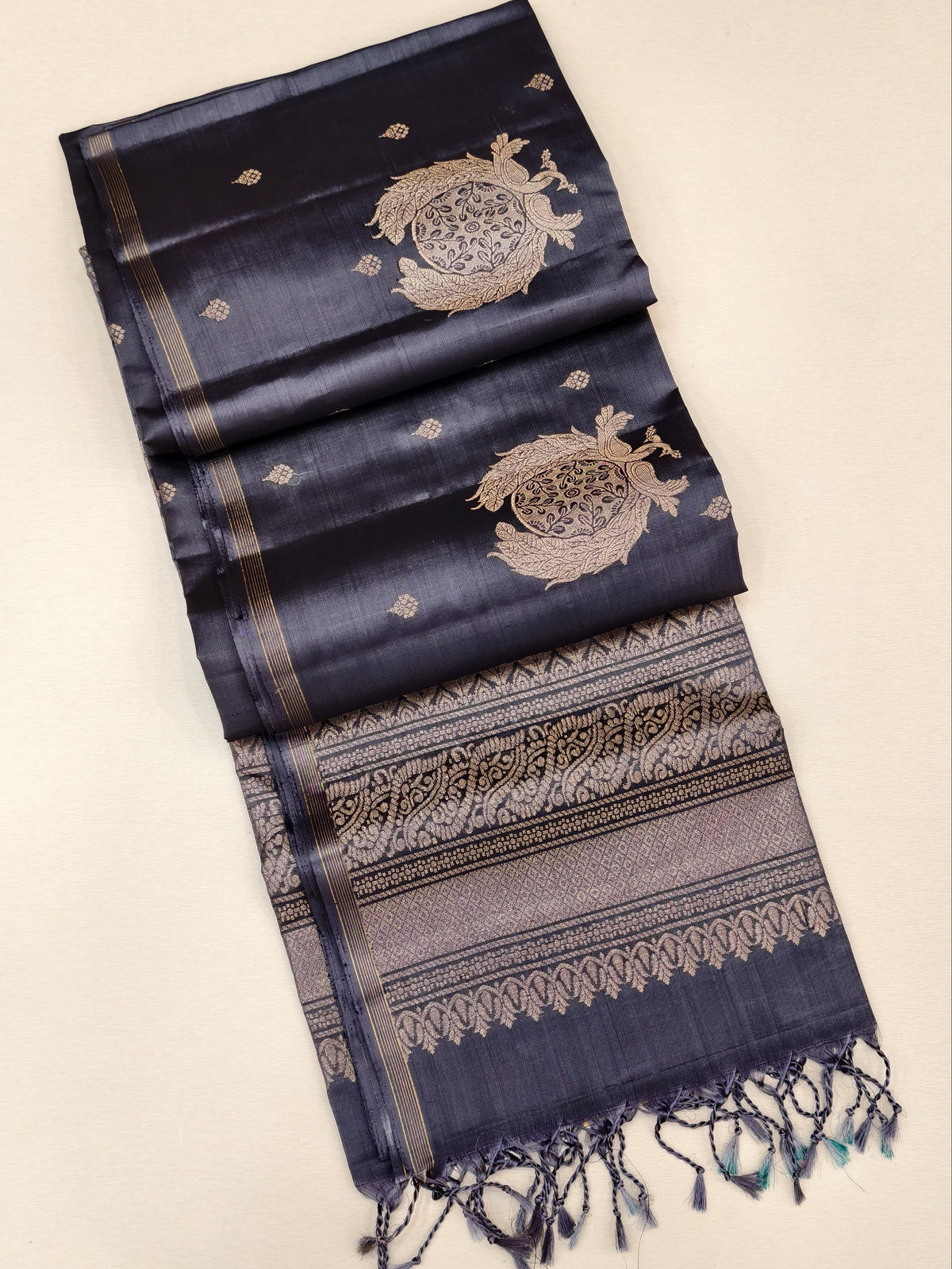 Grey Soft Silk Saree with zari border and pallu