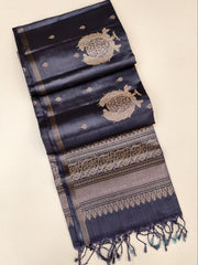 Grey Soft Silk Saree with zari border and pallu