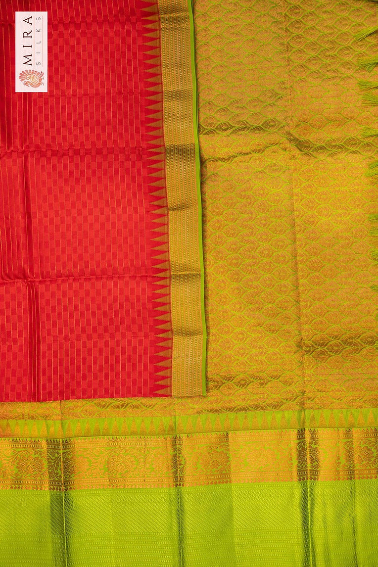 Bright Red Saree with Green temple border  Kanjivaram Silk Sari