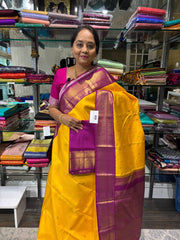 Bright Yellow Kanjivaram Saree with Wine Border