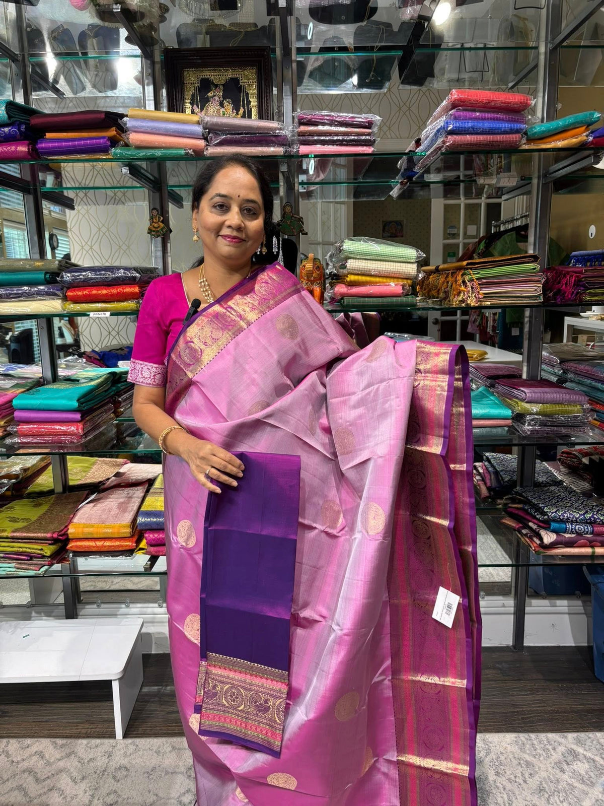 Lotus pink Kanjivaram Saree with Purple Border