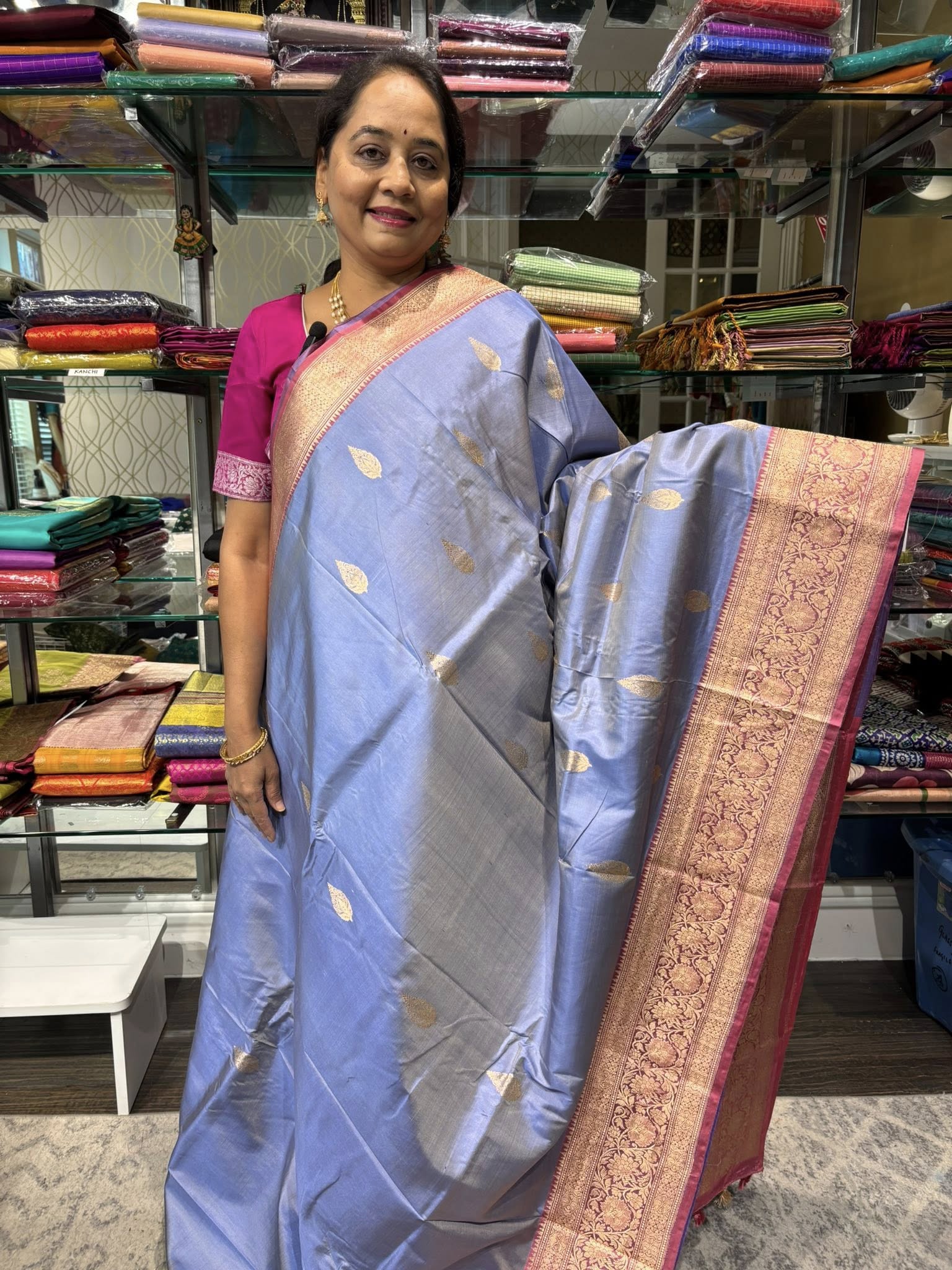 Faded Blue Banaras Katan Saree with Terracotta Red Border