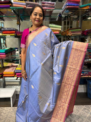 Faded Blue Banaras Katan Saree with Terracotta Red Border