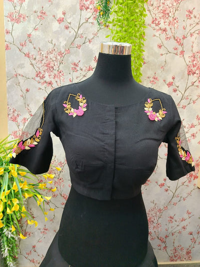 Black blouse with net sleeves and  pink and golden embroidery