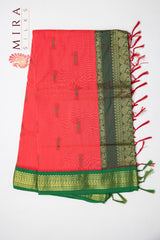 Coral red with Cyan Green border silk cotton