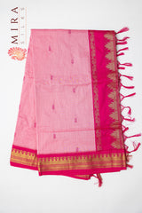 Baby Pink with Dark Pink Golden design border silk cotton