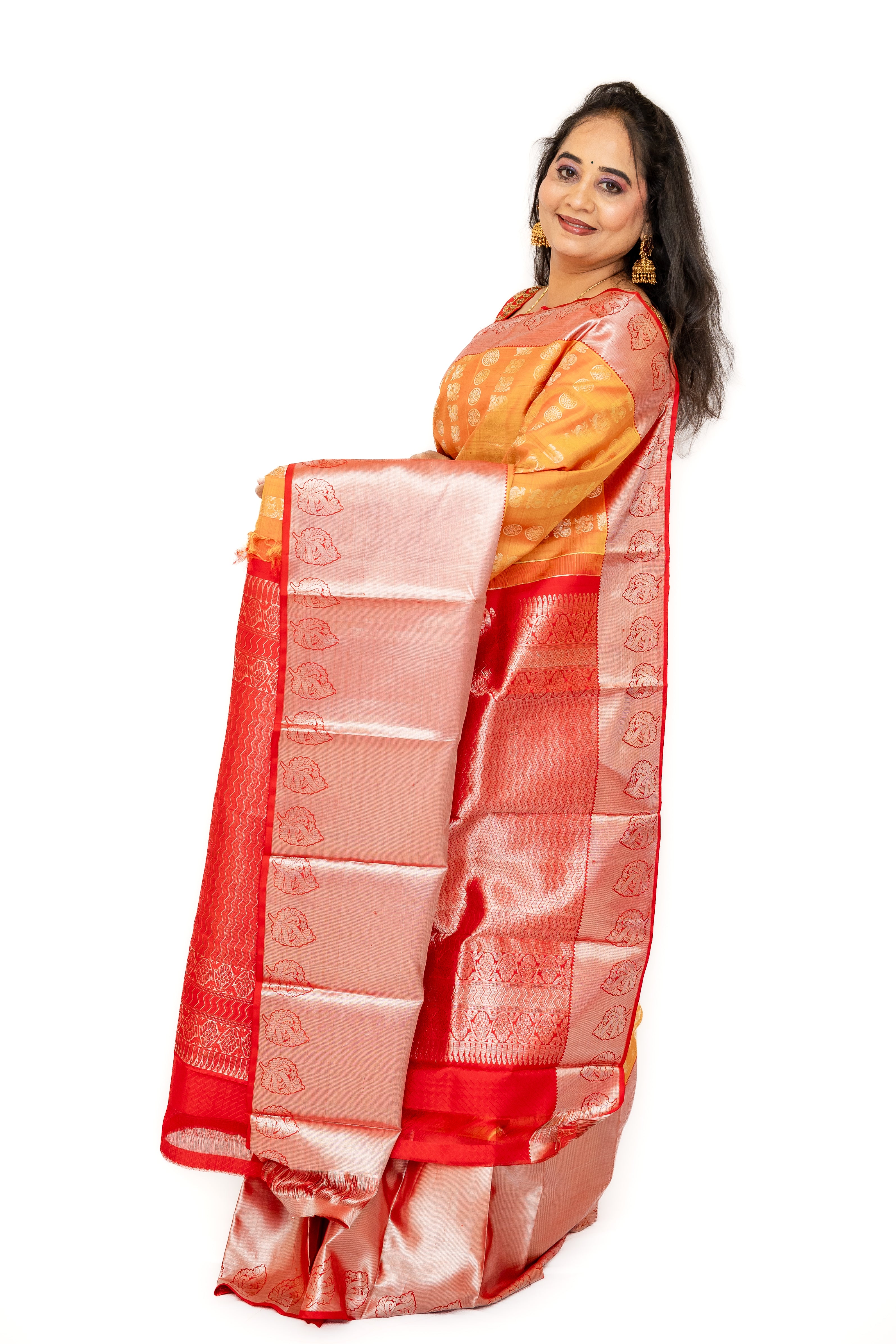 Mustard yellow with red Kanjivaram Silk Saree