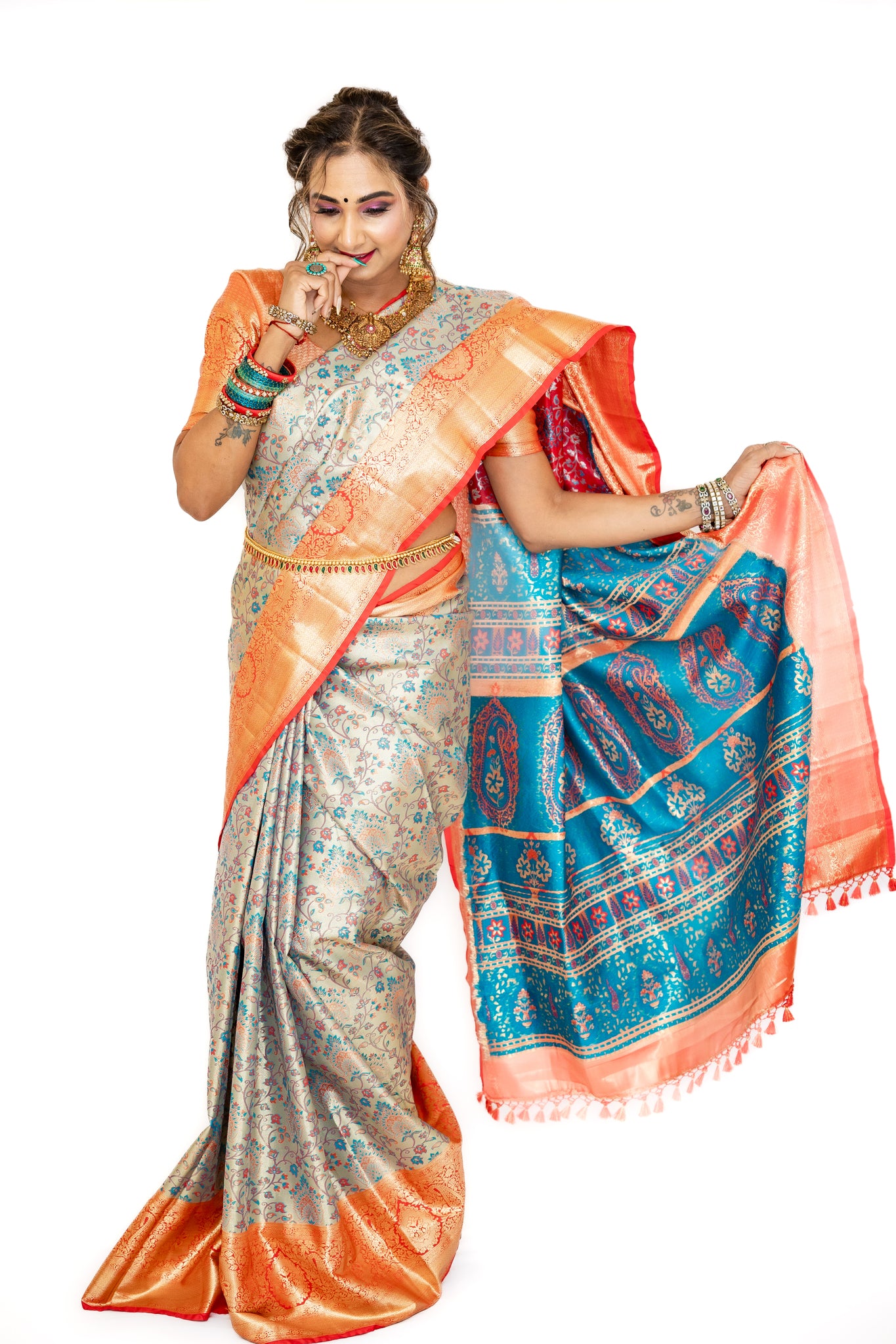 Antique White Tissue Semi Silk Saree with Floral Pattern