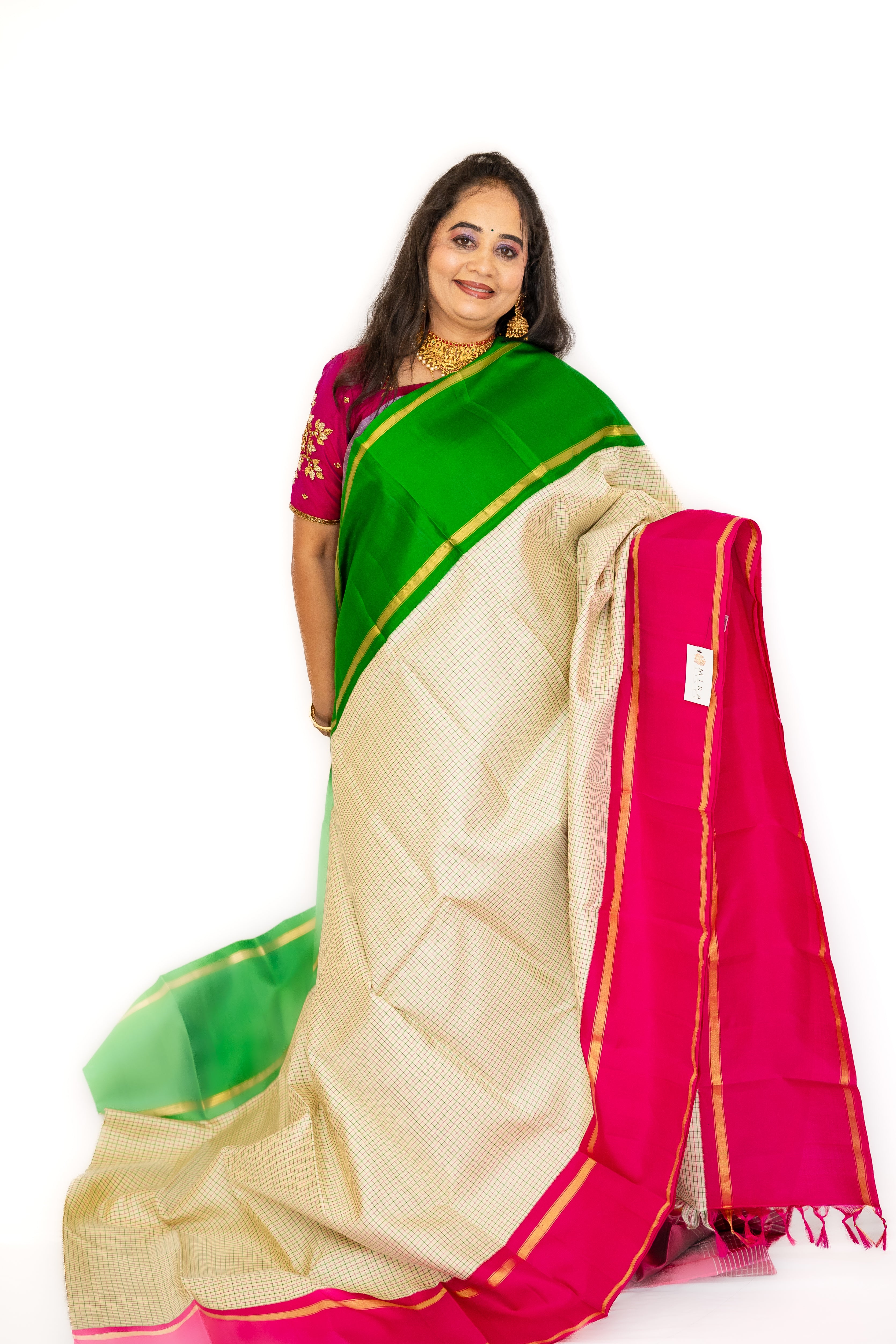 White small checks Ganga jamuna Kanjivaram Saree With pink Pallu