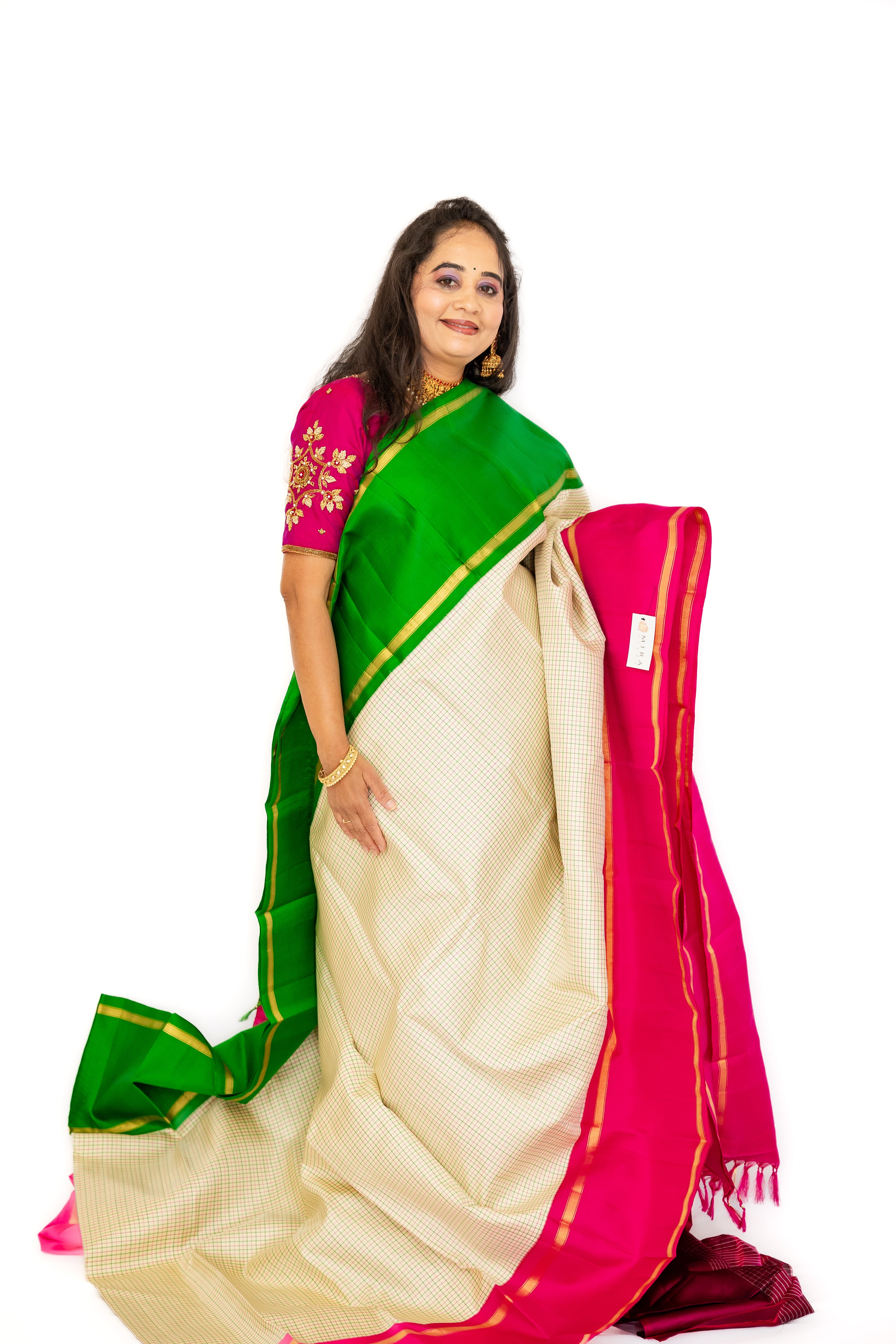 White small checks Ganga jamuna Kanjivaram Saree With pink Pallu
