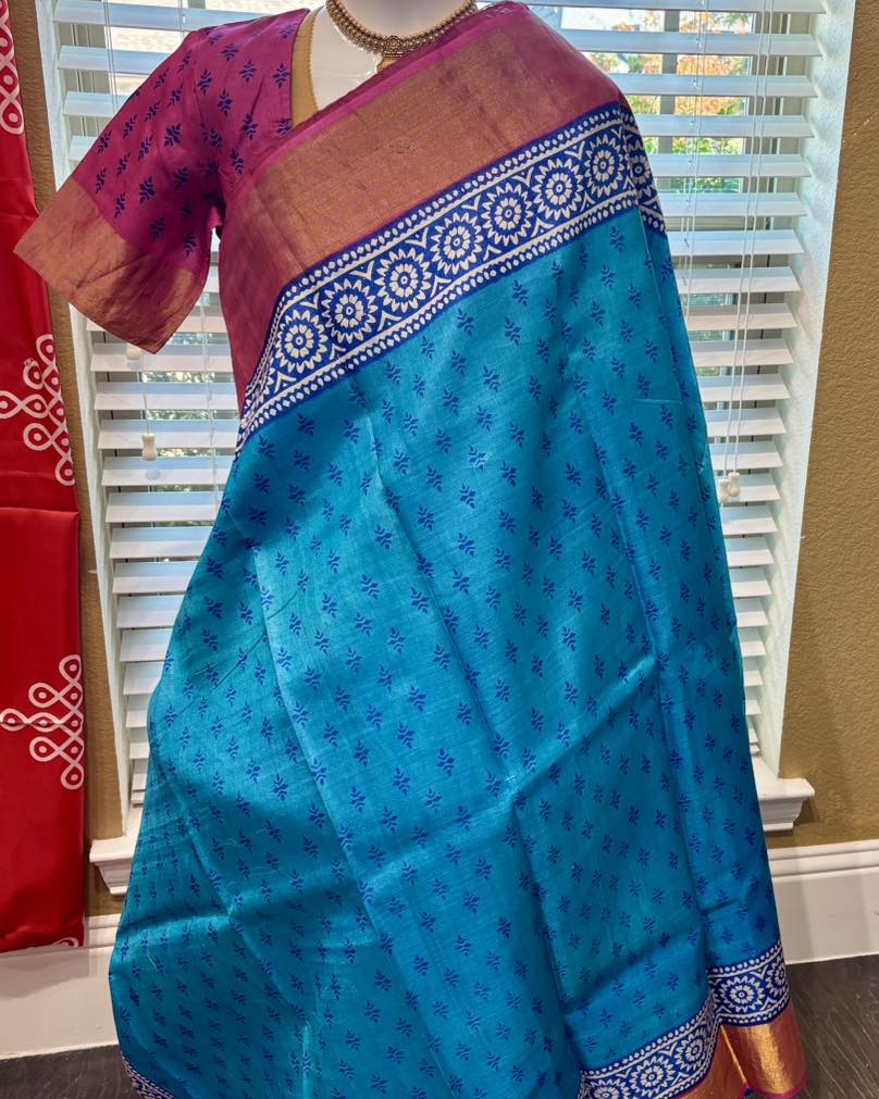 Electric Blue Bengal Tussar Saree with Blouse sz 36