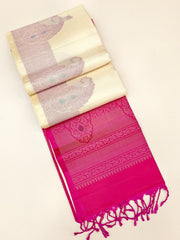 Half white Soft Silk Saree with pink zari and pallu