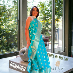 Aqua Blue Banaras Chiniya Silk sari with blouse