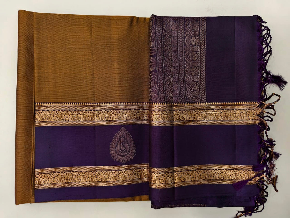 Mustard color Soft Silk Saree with Dark purple border and pallu