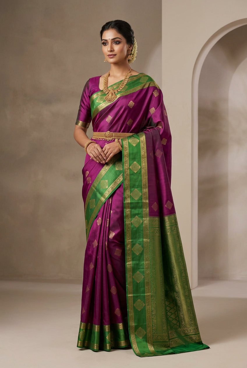 Magenta color Soft Silk Saree with Green border & pallu