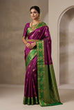 Magenta color Soft Silk Saree with Green border & pallu