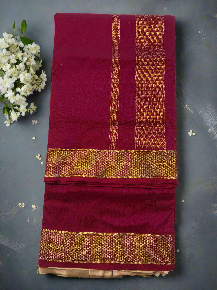 9 Yards Mulberry Shade Saree with Gold Border