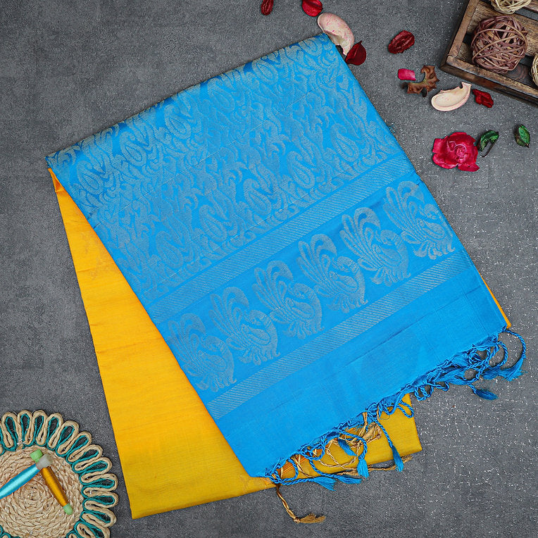 Haldi Yellow Soft silk sari with blue pallu