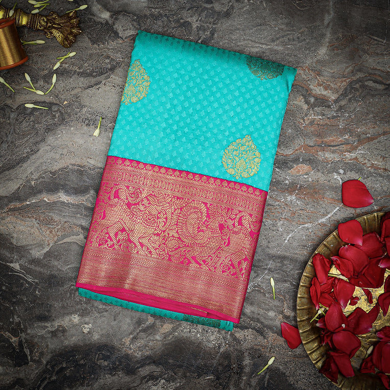 Teal with pink border Kanjivaram Silk Sari