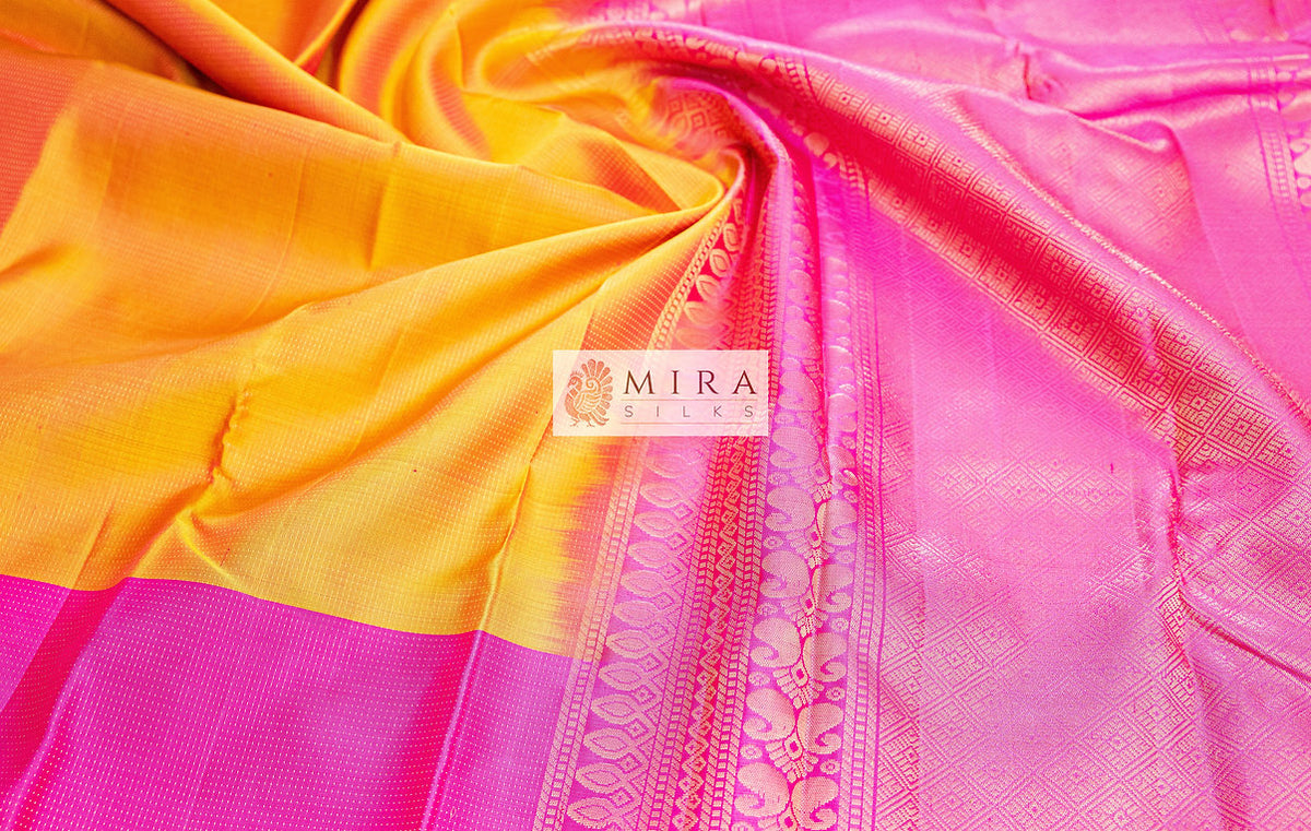 Gold vairaoosi silk sari pink pallu/Mango yellow