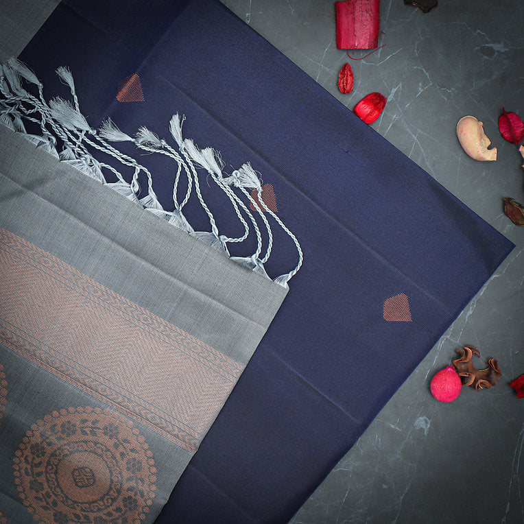 Dark Blue Copper Zari Silk Sari