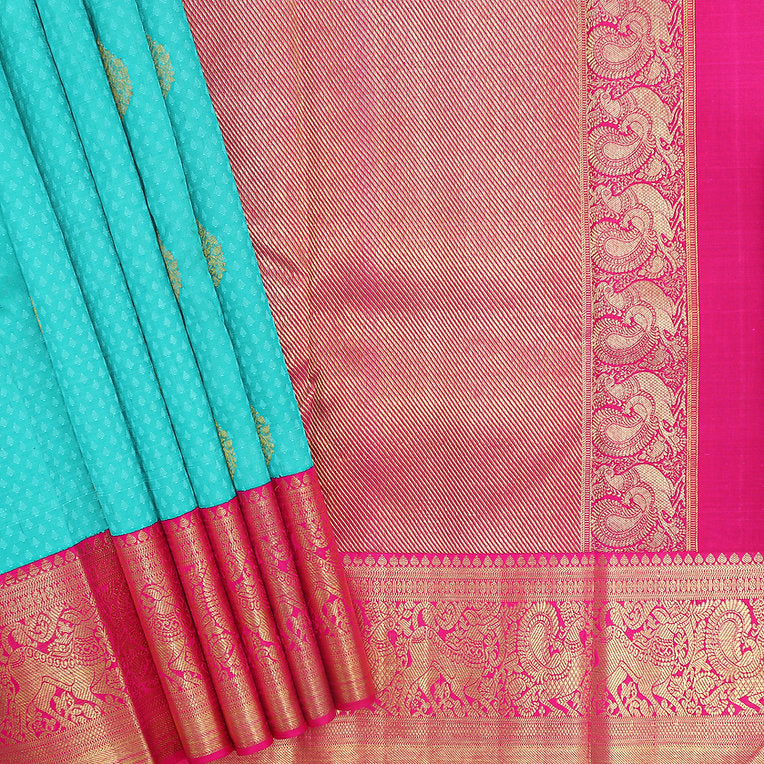 Teal with pink border Kanjivaram Silk Sari