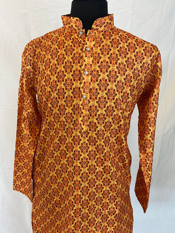 Orange Floral Men's Cotton Kurta