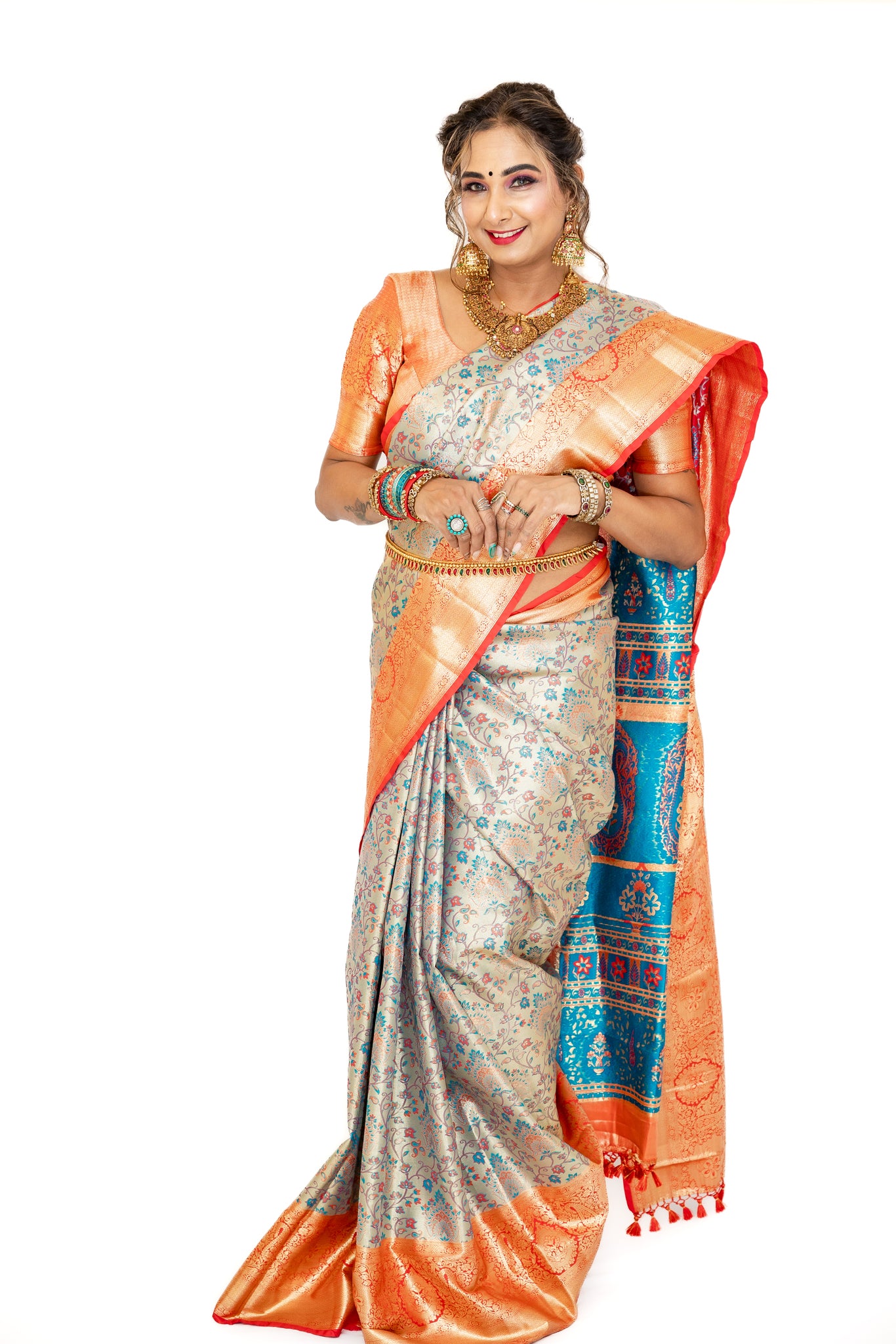 Antique White Tissue Semi Silk Saree with Floral Pattern