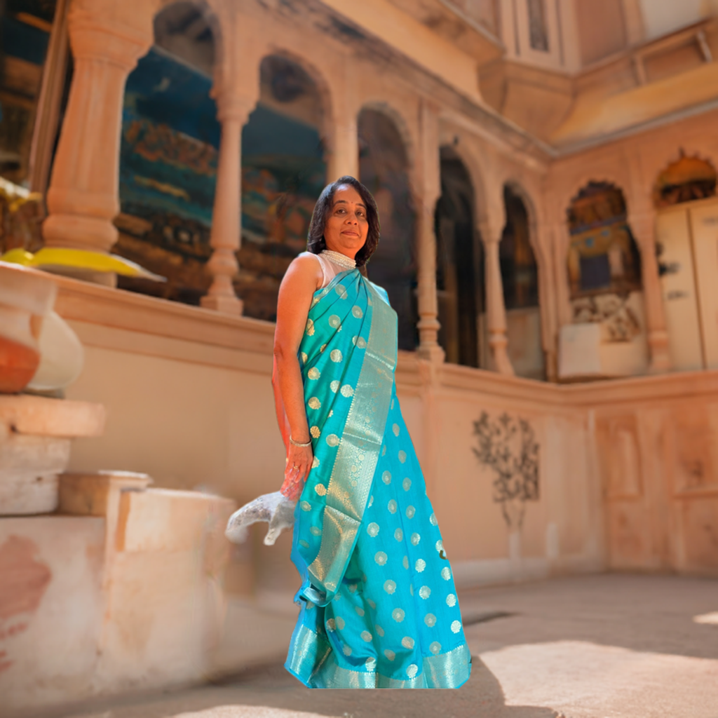 Aqua Blue Banaras Chiniya Silk saree with blouse