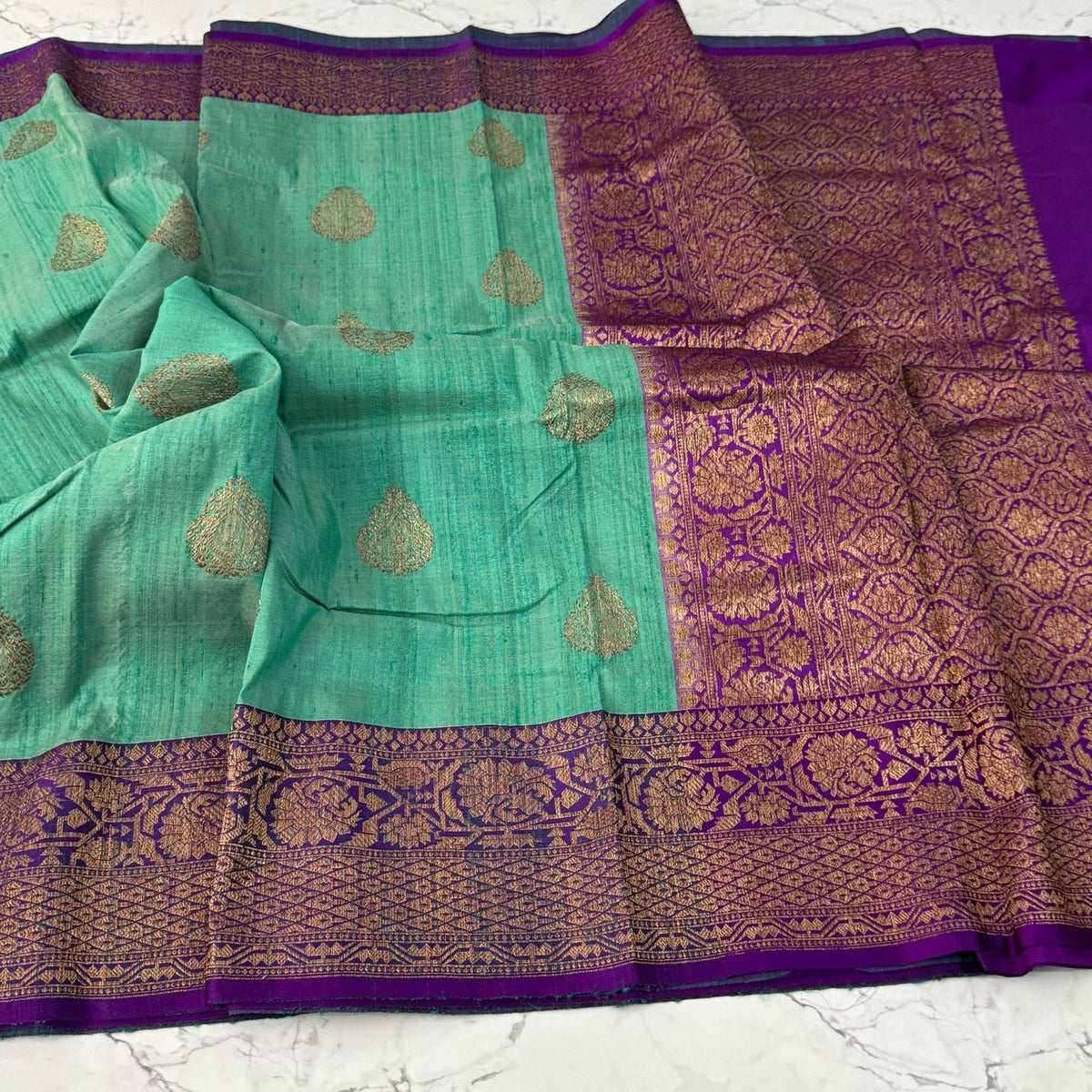 Sea Green with Purple Border Banaras Tussar saree