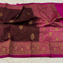 Coffee Brown with Pink Border banaras tussar saree