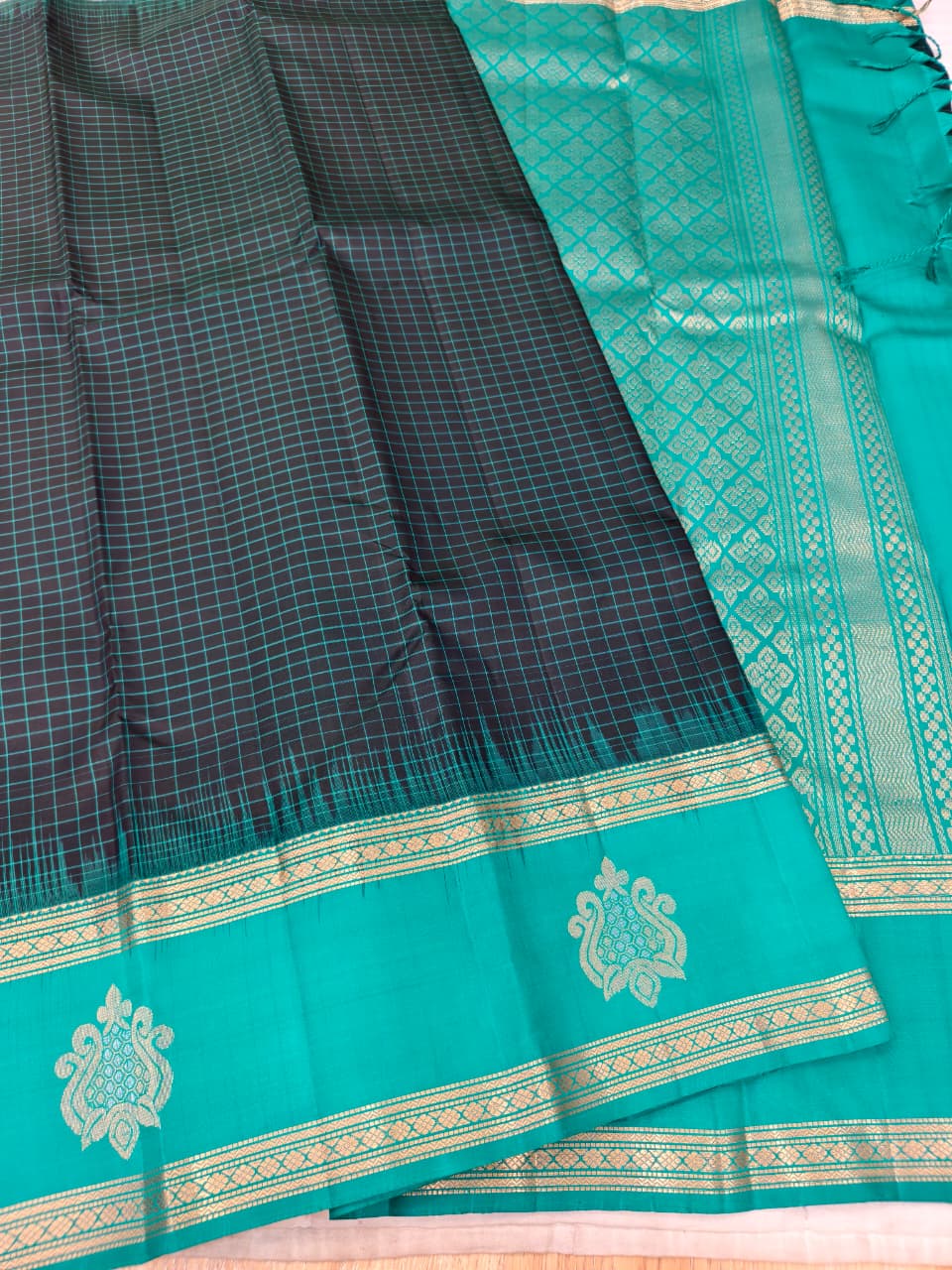 Black Checked Soft Silk Saree with Teal Pallu