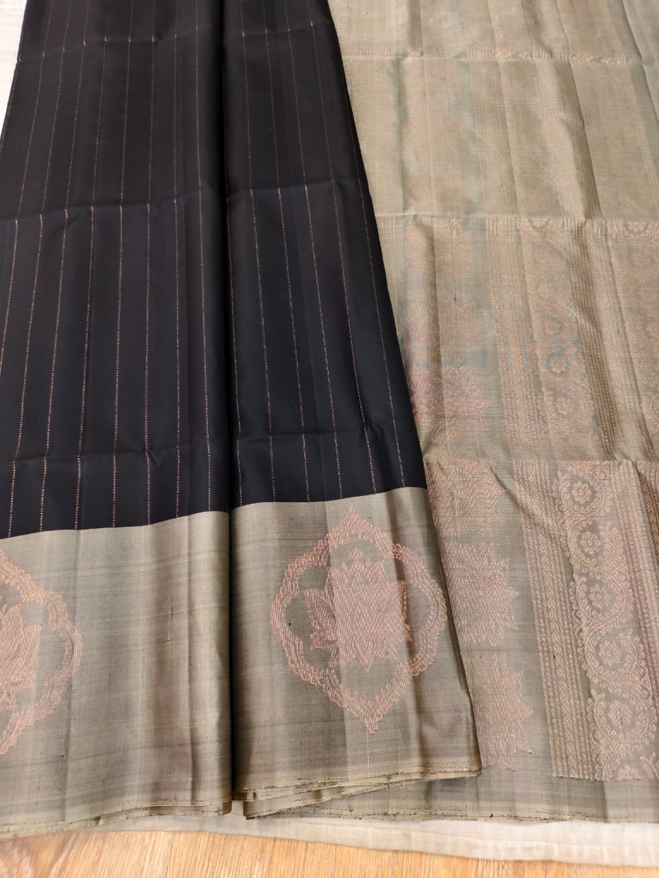 Black Striped Soft Silk Saree with Cement Grey Pallu