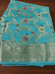 Bluish Cyan Banarasi Jaal Saree with Silver Border
